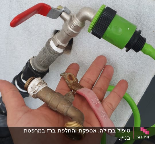 ברז מתכת עם ידית אדומה וצינור ירוק